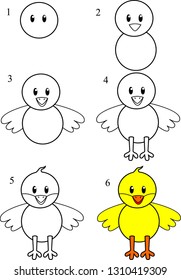 draw step by step chicken, for children vector set