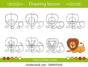 Dibujar una lección paso a paso para los niños. Tutorial de dibujo infantil. Hoja de cálculo de color para dibujar un león lindo. Página de actividades infantiles para libro. Ilustración vectorial de dibujos animados.