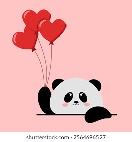 Draw sticker printable cute panda happy love for valentine holding heart ballon, Panda with heart ballon, cute panda cartoon Valentines day. Draw cute panda character fall in love for Valentine day.