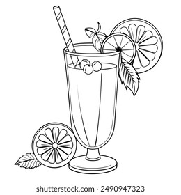 Draw a summertime cocktail in pencil that features a straw in a tall glass, an urkashen glass with lemon and orange, and fruits all around. The image is black and white.