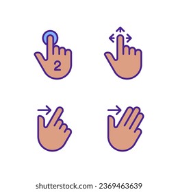 Draw and swipe gestures pixel perfect RGB color icons set. Smartphone. Touchscreen interaction. Digital device. Isolated vector illustrations. Simple filled line drawings collection. Editable stroke