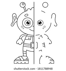 Draw symmetrically  Coloring Page Outline Of Cartoon little alien  Coloring book for kids 