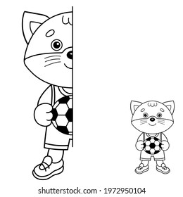 Draw Symmetrically. Coloring Page Outline Of Cartoon Little Cat With Soccer Ball. Football Game. Coloring Book For Kids.
