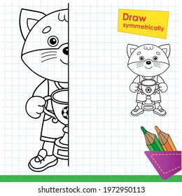 Draw Symmetrically. Coloring Page Outline Of Cartoon Cat With Soccer Cup. Champion Or Winner Of Football Game. Coloring Book For Kids.
