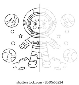 Draw symmetrically. Coloring Page Outline Of cartoon astronaut in space. Little spaceman or cosmonaut. Coloring Book for kids.