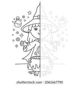 Draw symmetrically. Coloring Page Outline Of cartoon little witch with magical pot. Magic potion and witchcraft.  Coloring Book for kids.