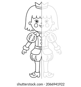 Draw symmetrically. Coloring Page Outline Of cartoon lovely prince. Beautiful young king. Fairy tale hero.  Coloring Book for kids.