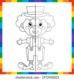 Draw symmetrically. Connect the dots picture. Tracing worksheet. Coloring Page Outline Of cartoon circus clown. Coloring Book for kids.