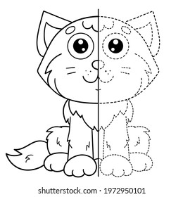 Draw symmetrically. Connect the dots picture. Tracing worksheet. Coloring Page Outline Of cartoon cute cat. Coloring Book for kids.