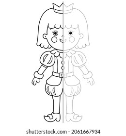 Draw symmetrically. Connect the dots picture. Tracing worksheet. Coloring Page Outline Of cartoon lovely prince. Beautiful young king. Fairy tale hero. Coloring Book for kids.