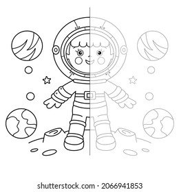 Draw symmetrically. Connect the dots picture. Tracing worksheet. Coloring Page Outline Of cartoon astronaut in space. Little spaceman or cosmonaut. Coloring Book for kids.