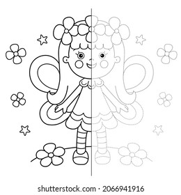 Draw symmetrically. Connect the dots picture. Tracing worksheet. Coloring Page Outline Of cartoon flower fairy with wings. Fairy tale hero. Coloring Book for kids.