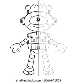 Draw symmetrically. Connect the dots picture. Tracing worksheet. Coloring Page Outline Of cartoon robot. Coloring Book for kids.