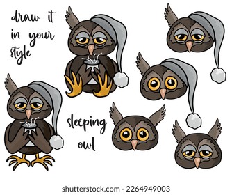 Draw this in your style challenge: Cute vector sleeping owl with cacao mug set
