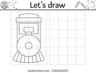 Draw the train front view. Vector transport drawing practice worksheet. Printable black and white activity for kids with engine. Transportation copy or complete the picture coloring page
