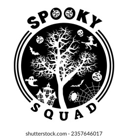 Draw a tree in a circle surrounded by ghosts, birds and scary faces