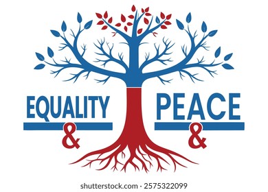Draw a tree with roots labeled 'Justice' and branches labeled 'Equality' and 'Peace