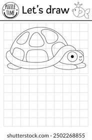 Draw the turtle. Vector ocean drawing practice worksheet with water animal. Underwater printable black and white activity for kids. Marine copy or complete the picture coloring page
