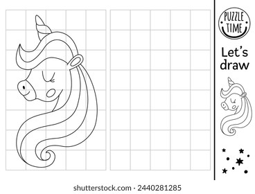 Zeichne den Einhornkopf. Vektor Märchen Zeichnungspraxis Arbeitsblatt mit niedlichem Tierprofil. Magische druckbare schwarz-weiße Aktivität für Kinder. Fantasiekopie oder komplette Bildfarbseite
