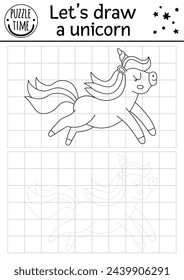 Draw the unicorn. Vector Fairytale drawing practice worksheet with cute running animal. Magic printable black and white activity for kids. Fantasy copy or complete picture coloring page
