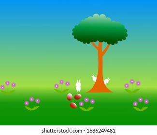 Draw vector art cartoon tale rabbit and eggs for Easter Day in nature green and blue sky