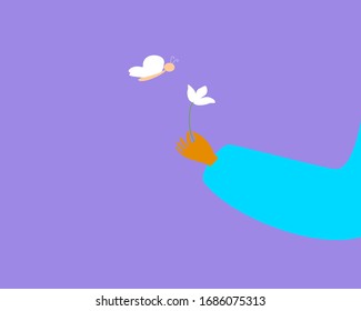 Draw vector art line human hand give white lily flower to butterfly kindness and gently friendly story beautiful pattern in isolated purple background 