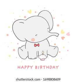 Draw vector baby elephant on white for birthday,card,poster,cover,print.Doodle cartoon style.