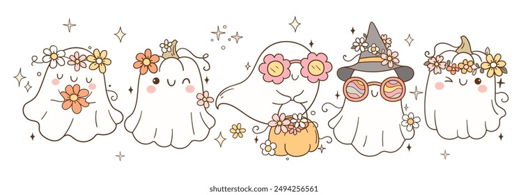 Dibujar Vector Anuncio adorable flor fantasma Para el día de Halloween Moda niña Doodle estilo de dibujos animados