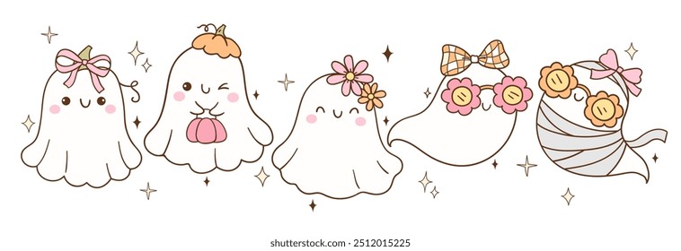 Desenhar vetor banner adorável rosa menina fantasma Para o dia de Halloween Trendy feminino Doodle estilo de desenho animado