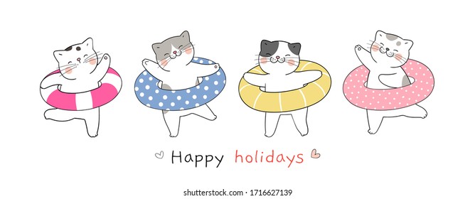 Draw vector banner animal in vacation.Cute cat with colorful rubber ring on white for summer season.Doodle cartoon style.