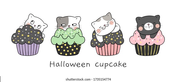 Draw vector banner black cat sleeping on cupcake.For Halloween day.Doodle cartoon style.