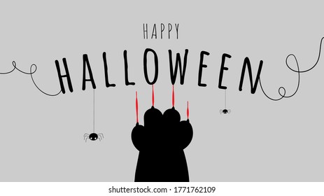 Draw vector banner black cat paw with spider.For Halloween day.Doodle cartoon style.