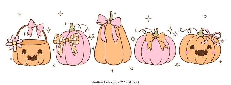 Draw vector banner coquette girly pumpkin for autumn halloween Fall season Doodle cartoon style