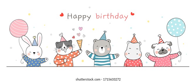 Draw Vector Banner Cute Animal Party On White For Birthday,card,poster,cover,print.Doodle Cartoon Style.