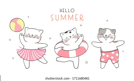 Draw vector banner cute cat on the beach for summer season.So funny.Doodle cartoon style.