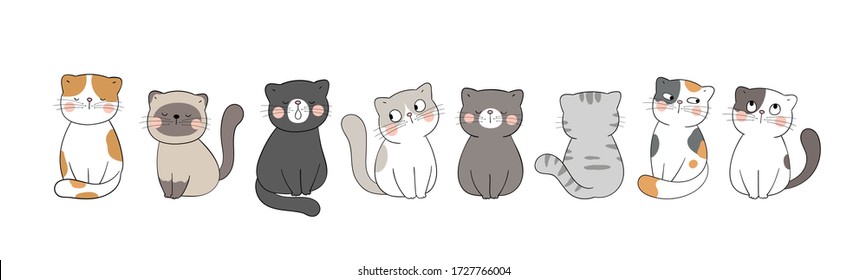 Draw vector banner cute cat on white for,greeting card,poster,cover,print,banner web.Doodle cartoon style.