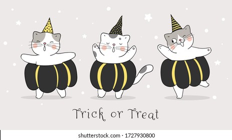 Draw vector banner cute cat with black pumpkin in star night.For Halloween day.Doodle cartoon style.