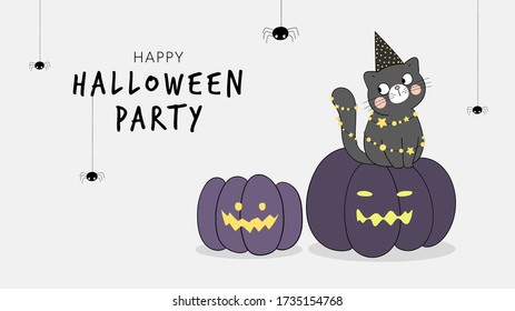 Draw vector banner cute cat sitting on pumpkin with spider.For Halloween day.Doodle cartoon style.