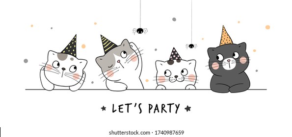 Draw vector banner cute cat with party hat For Halloween day.Doodle cartoon style.