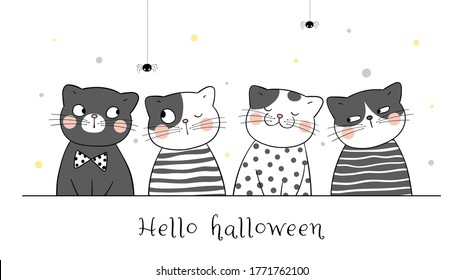 Draw vector banner cute cat in black color.For Halloween day.Doodle cartoon style.