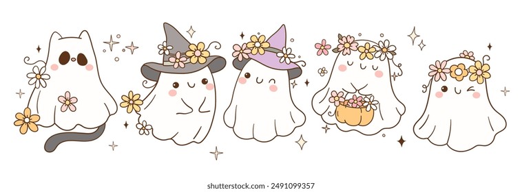 Vektorgrafik zeichnen Banner Nette Blume Geist Für Halloween Tag Trendy Girly Doodle Cartoon Stil