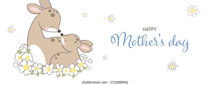 Draw vector banner deer and baby with white flower.For mother'day.Doodle cartoon style.