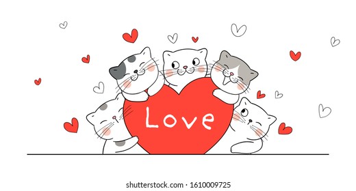 Draw vector banner design cat hug red heart on white for Valentine's day So happy.Doodle cartoon style.