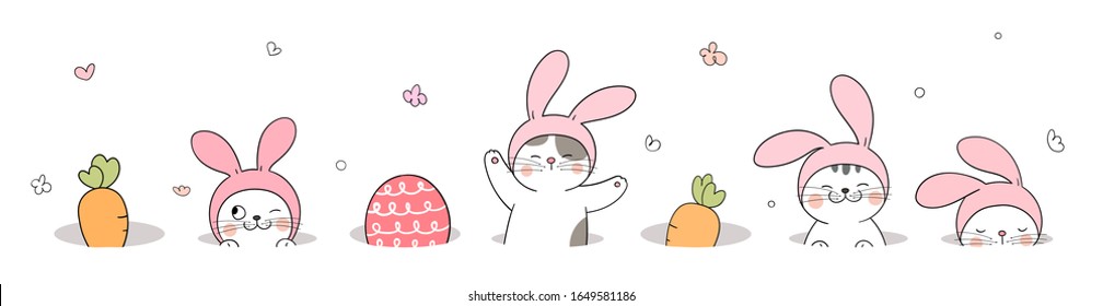 Draw vector banner design cute cat and egg in hole.For Easter day.Doodle cartoon style.