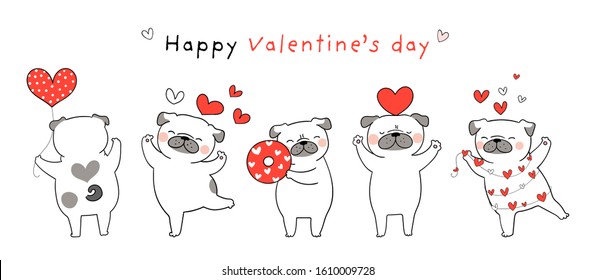 Draw vector banner design funny pug dog with little red hearts on white for Valentine's day.Doodle cartoon style.