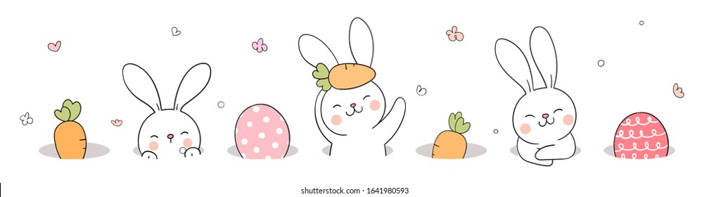 Draw vector banner design rabbit and egg in hole For Easter day.Doodle cartoon style.