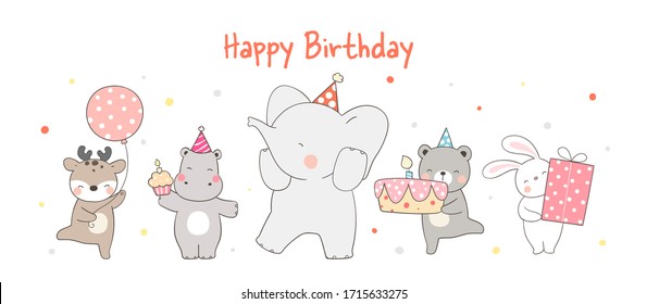 Draw vector banner funny animal party on white for birthday,card,poster,cover,print.Doodle cartoon style.