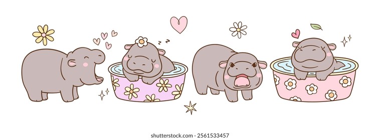 Draw vector banner funny baby hippo Trendy animal Doodle cartoon style