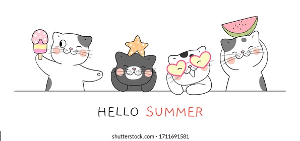 Dibuja banner vector gato divertido para la temporada de verano en blanco. Dibujo de dibujos animados Doodle.