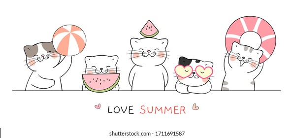 Draw vector banner funny cat with ball and watermelon for summer season on white.Doodle cartoon style.